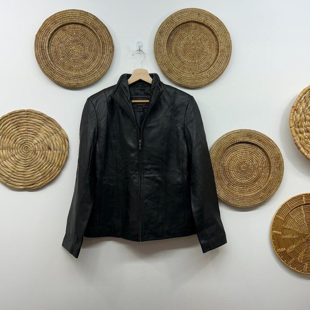 Vintage 90s Siena Black Collared Seamed Zip Up Soft Leather Jacket Medium
